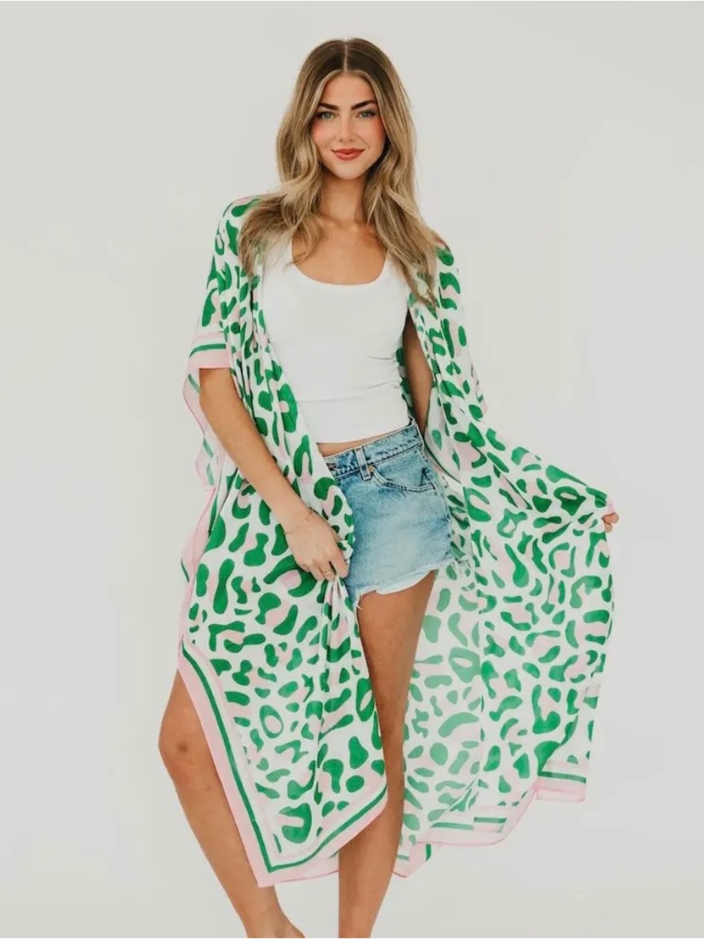 Pretty Simple “Lena Leopard” Kimono – Green/Pink | New